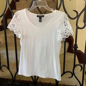 INC white top with crocheted lace sleeves